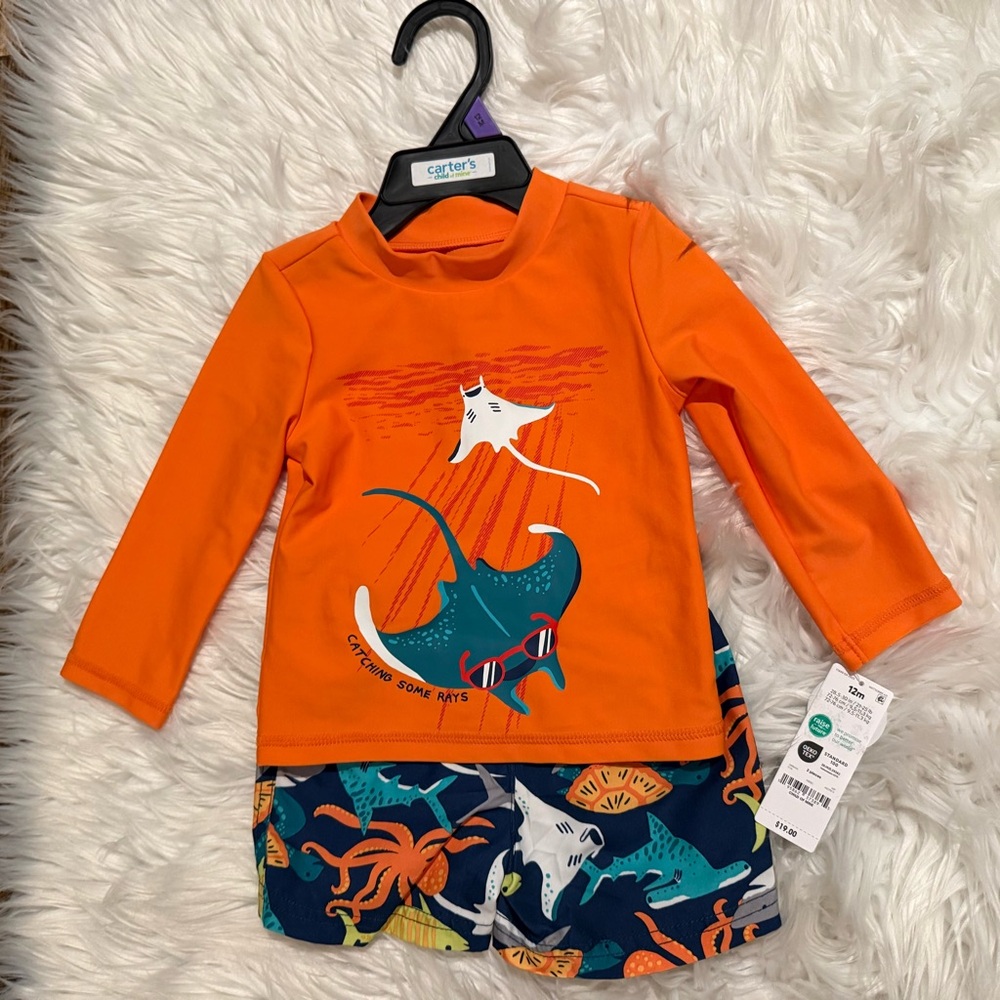 Carter’s‎ Baby Boy Rash Guard Swim Set Size 12M Orange UPF 50+ NEW